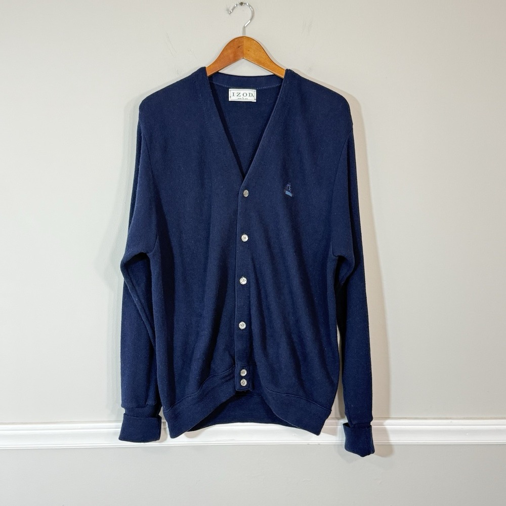 VTG Izod Cardigan Mens L Golf Preppy Old Money Navy Knit Made In USA Grandpa